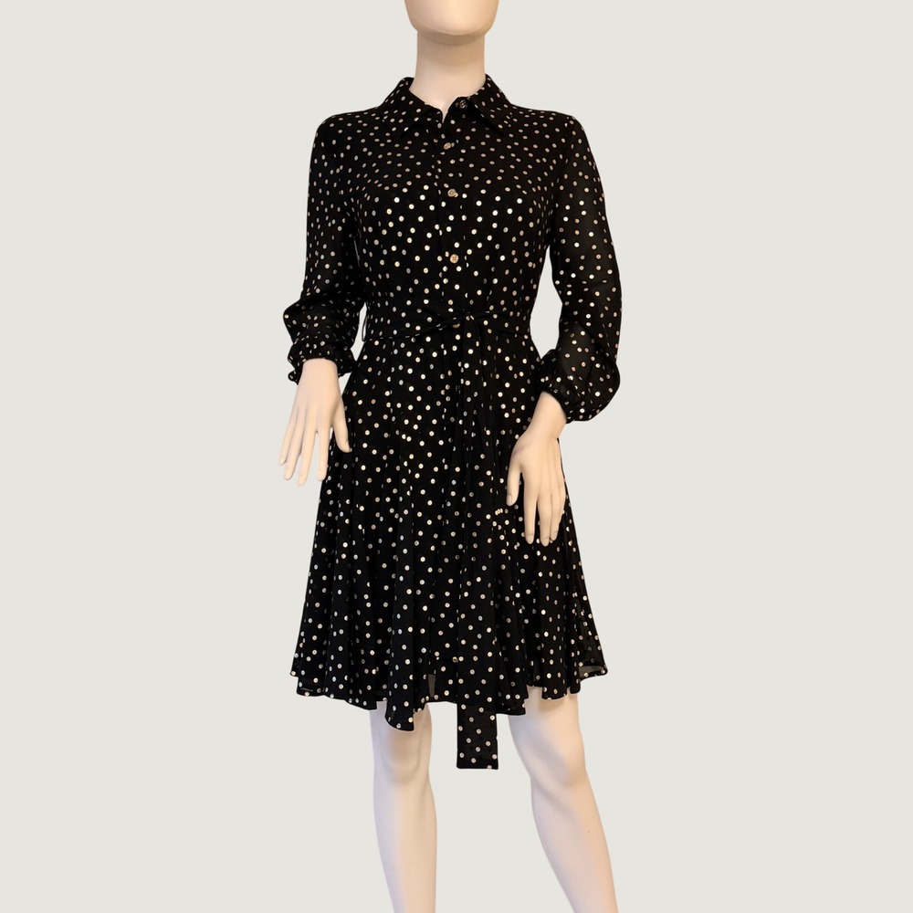 NWT Tommy Hilfiger Womens Metallic Gold Polka Dot Shirt Dress Black Size XS